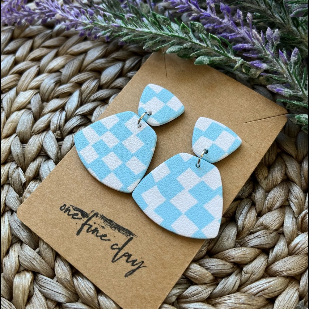 Checkered White & Light Blue Clay Earrings